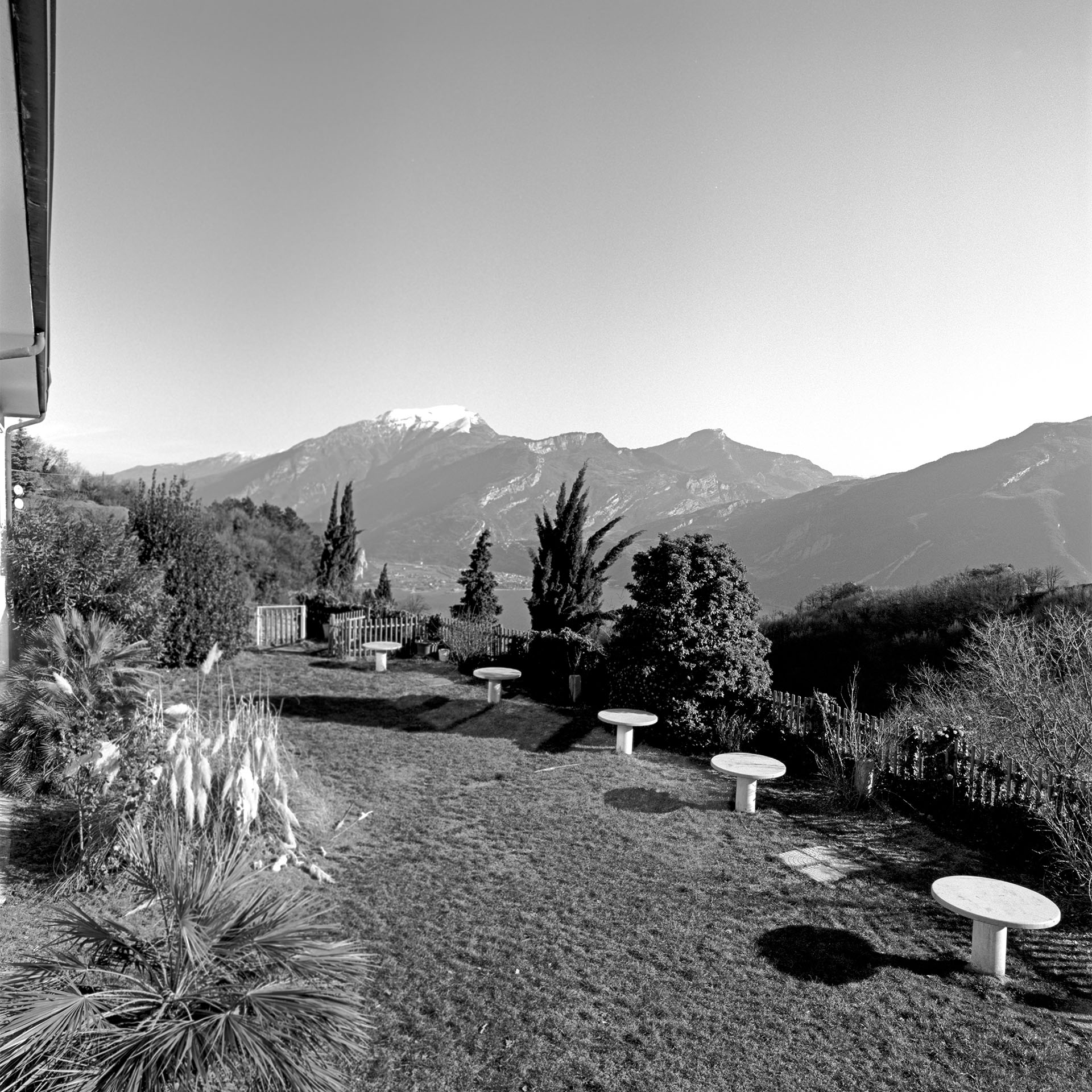 Der Panoramagarten des Hotel Bar Panorama in Pregasina, Gardasee. Im Sommer kaum ein Platz zu bekommen. Im Jänner verwunschen einsam.