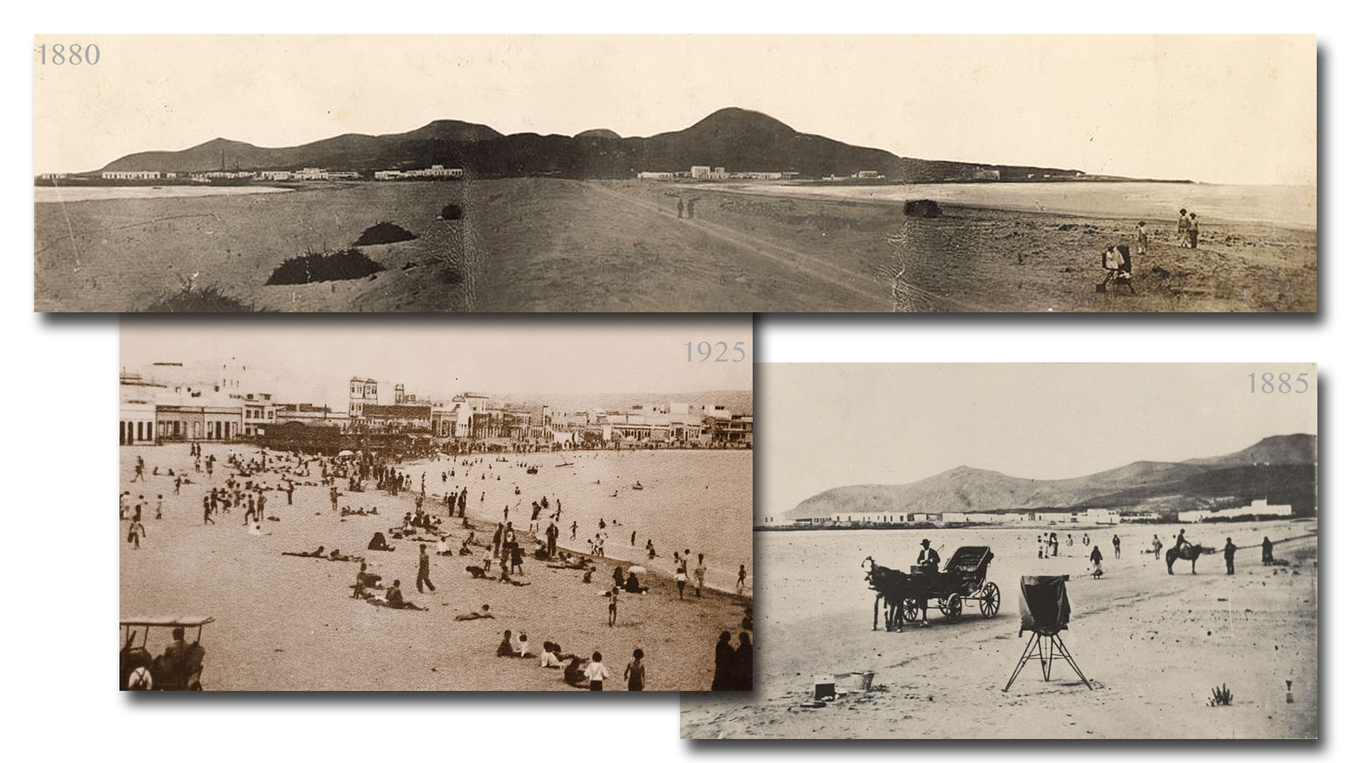 Bilder zeigen den Istmo 1880 noch als unbebaute, weite Sandfläche. Schon 1925 stehen stattliche Häuser und reges Strandleben herrscht.