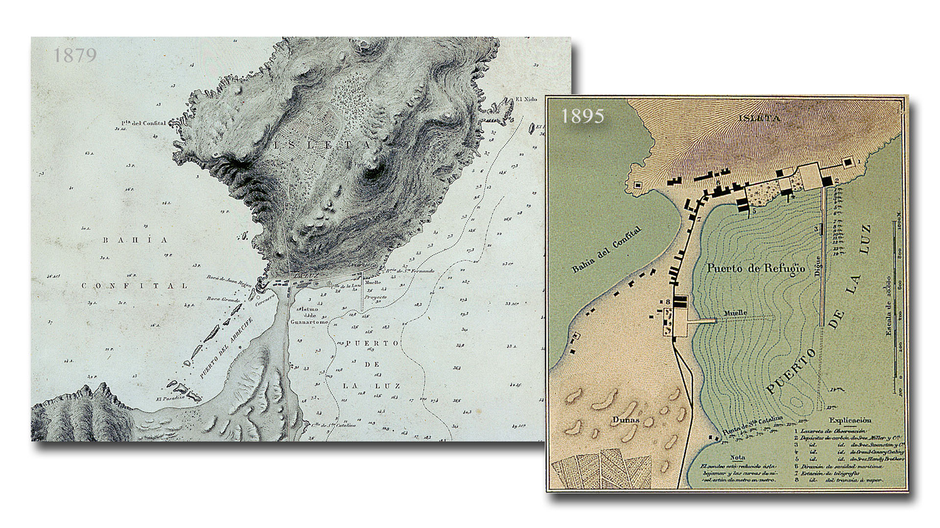 Der Istmo mit dem Hafen Puerto del Arrecife und Puerto de la Luz auf nautischen Karte von 1879 und 1895.