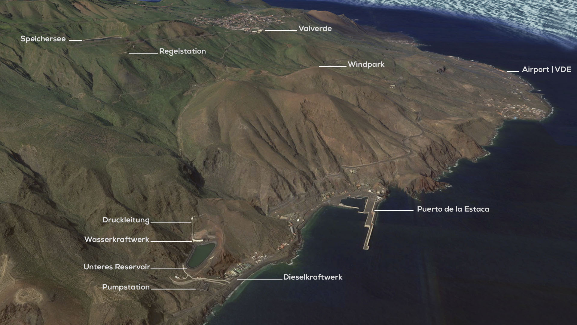 Gorona del Viento El Hierro – Kraftwerkskonzept auf Basis Google Earth.