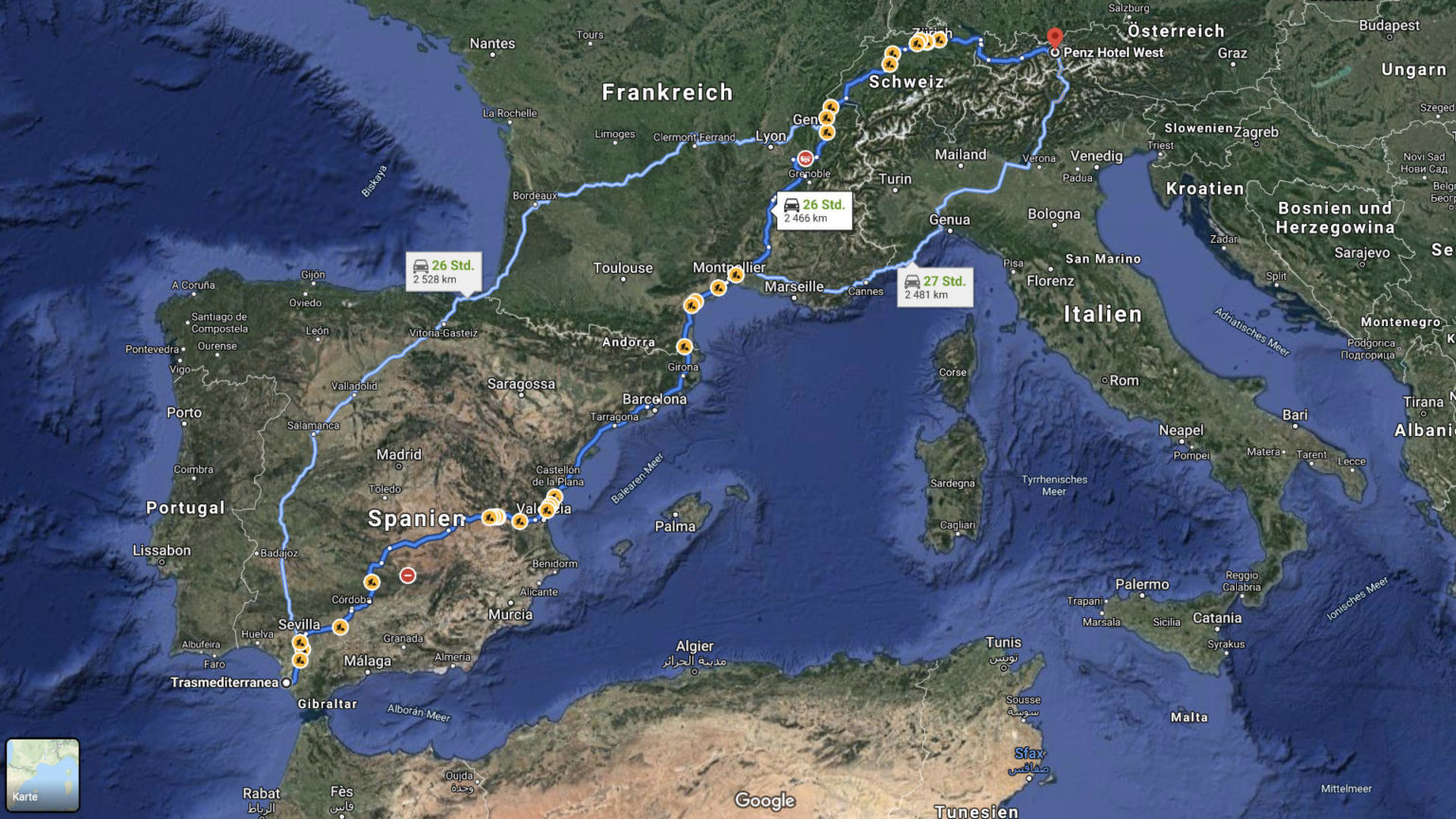 Von Cádiz nach Innsbruck – Übersichtskarte.