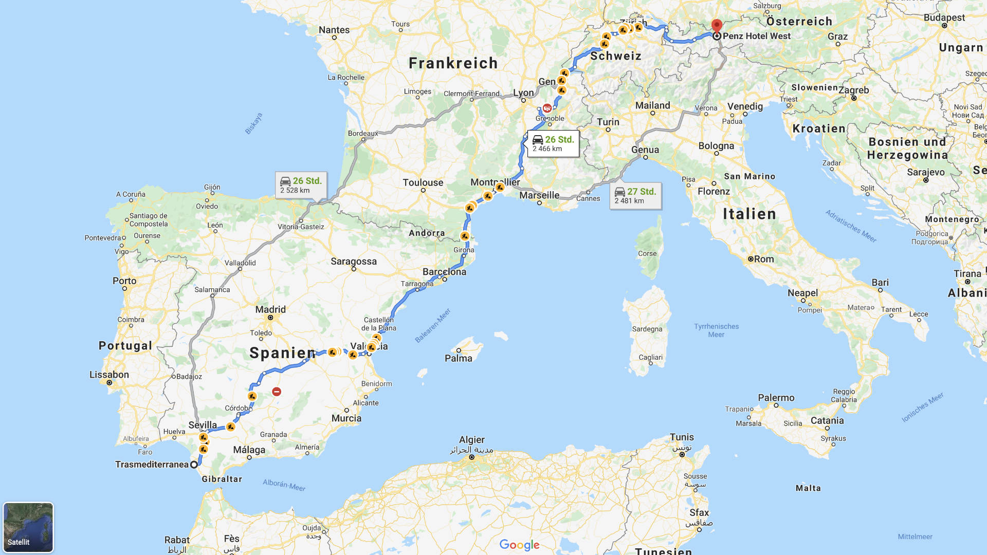 Von Cádiz nach Innsbruck – Übersichtskarte.