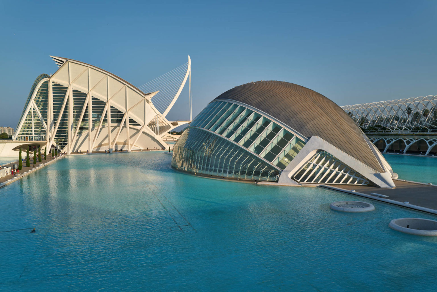 El Hemisférico Valencia – im Hintergrund das Museo de las Ciencias Príncipe Felipe, Pont de l'Assut de l'Or und rechts L’Umbracle.