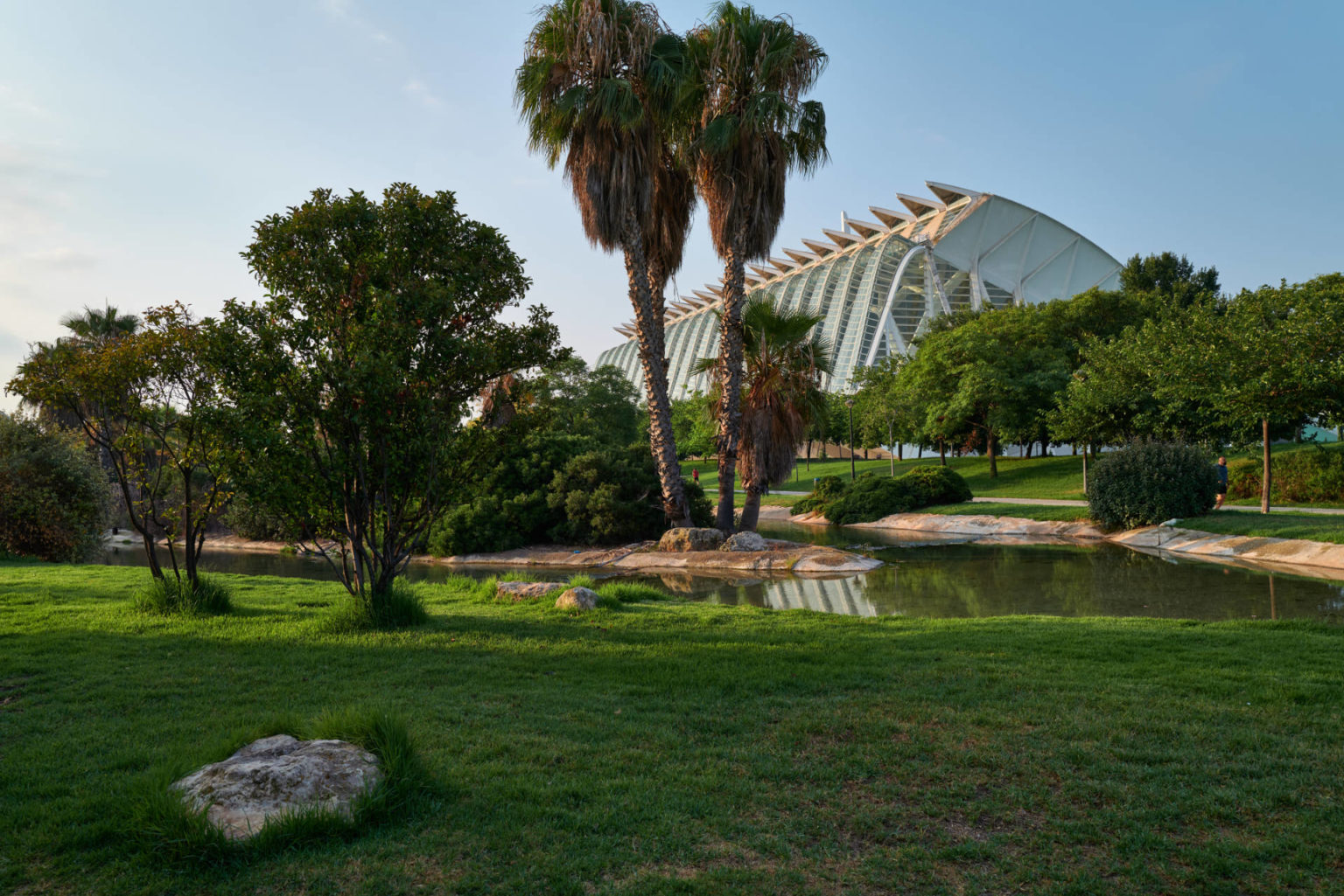 Die Ciudad de las Artes y las Ciencias Valencia eingebettet in einen kilometerlangen Park.