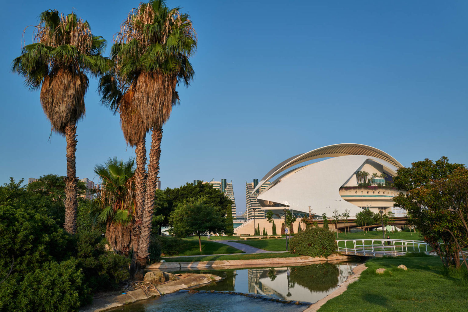 Die Ciudad de las Artes y las Ciencias Valencia eingebettet in einen kilometerlangen Park.