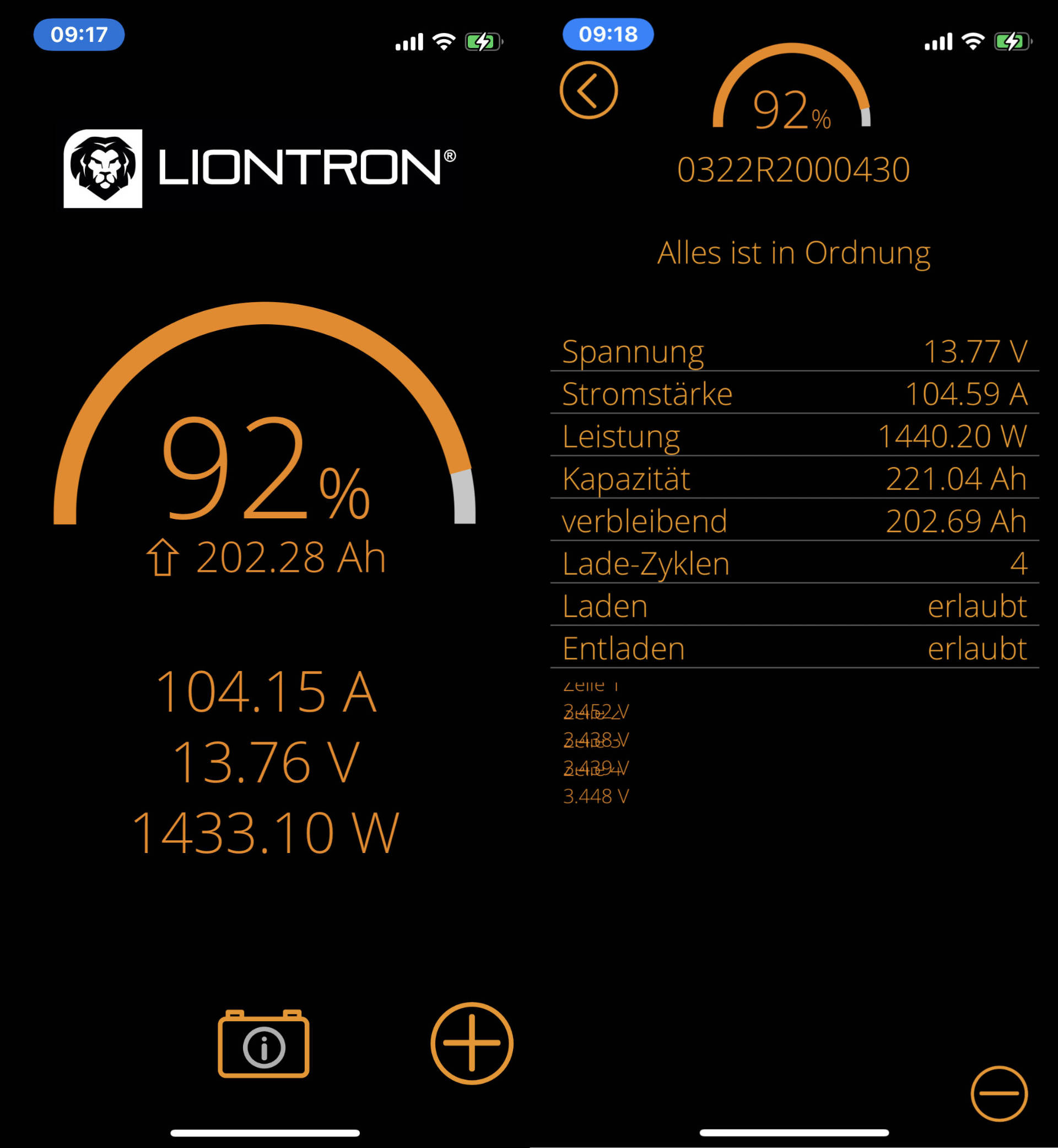 LIONTRON® App – LIONTRON® 200Ah beim Laden über die Ford Nugget Lichtmaschine.