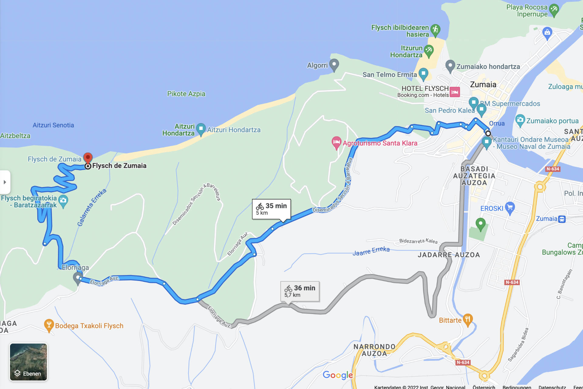 Route von Zamaia zum Aussichtspunkt Baratzazarrak. (Fuente: Google Maps)
